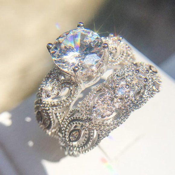 NEW Sterling Silver Solitaire Diamond 2PC Ring B1 - Picture 2 of 8